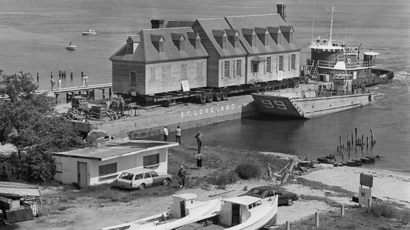 Barging of Cypress Hall from Gloucester to Yorktown in 1987